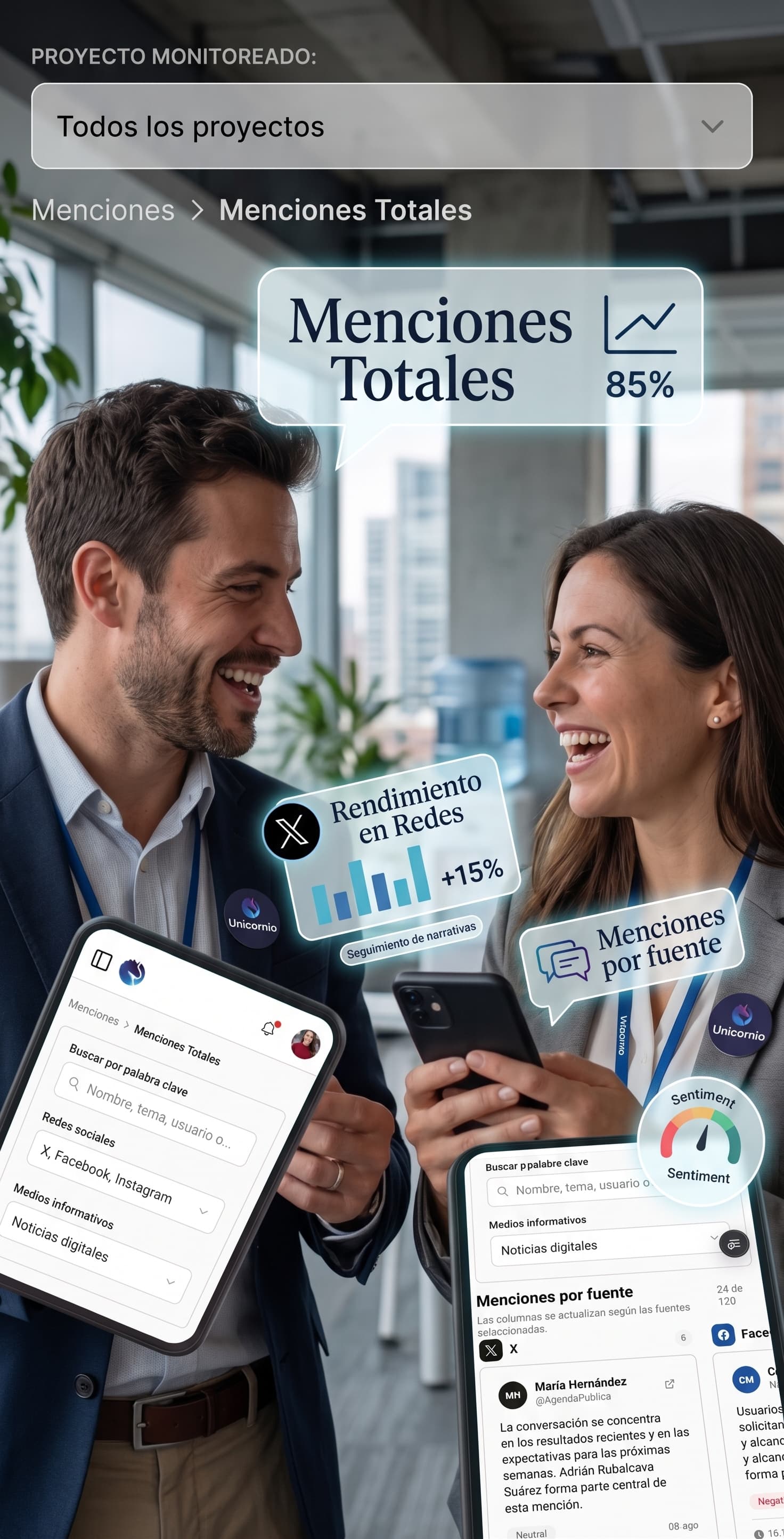 Dos personas revisan menciones por fuente y sentimiento en el celular, con el tablero de Unicornio superpuesto.