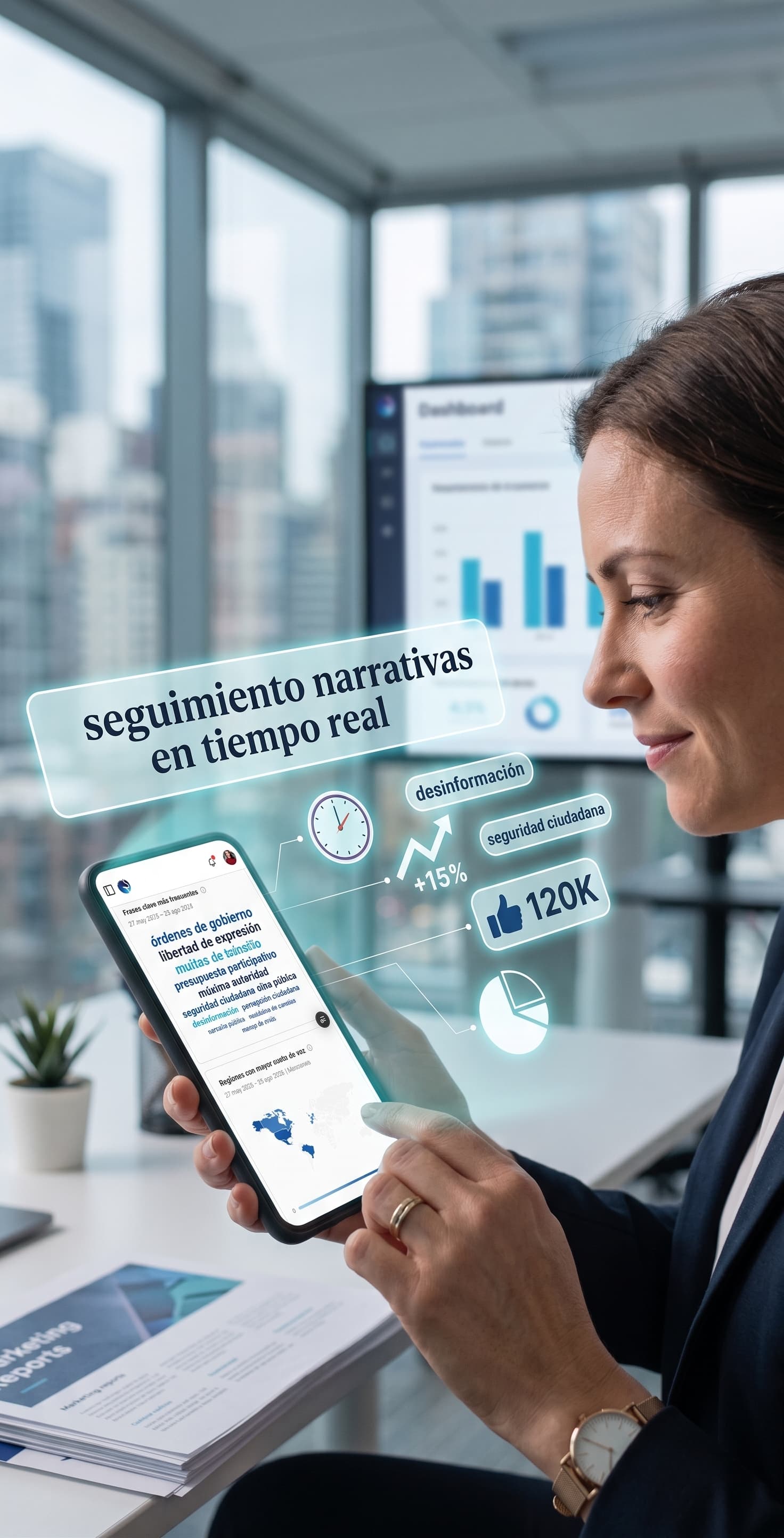 Analista sigue narrativas en tiempo real desde el celular, con frases clave y cuota de voz en pantalla.